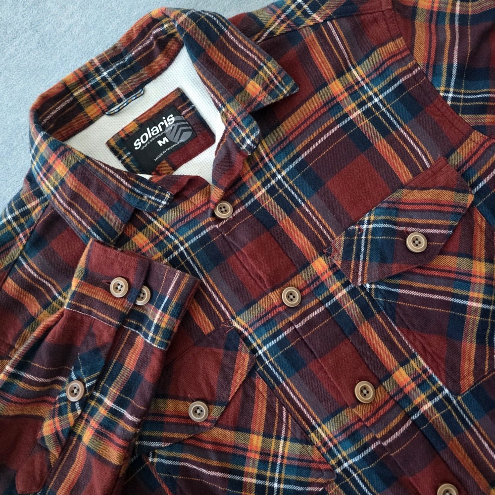 Solaris Mens Thermal Lined Flannel Shirt Medium Burgundy Plaid Button Up Shacket